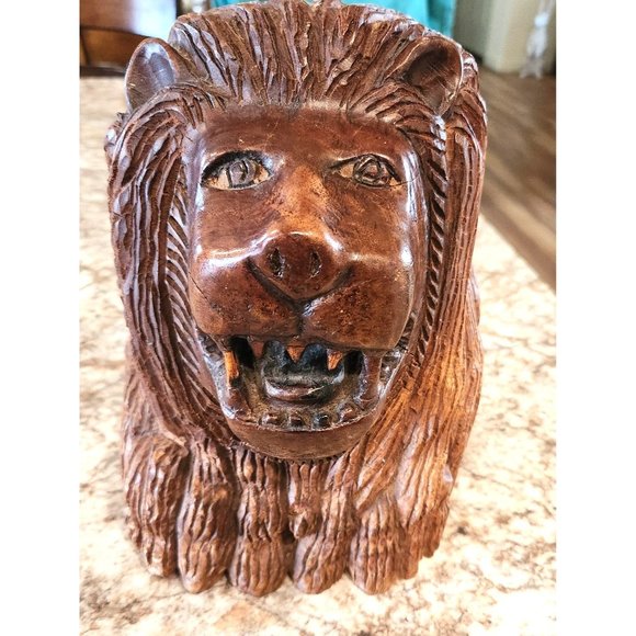 Hand Carved Wood Vintage Lion Head 8.75 T x 11" W - Picture 1 of 5